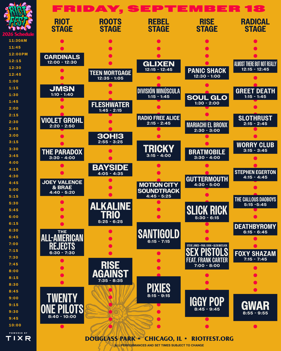 Do312's tweet photo. Who’s ready to rock?! The Riot Fest 2026 daily schedules just dropped, and boy, are they good. 🎸⚡

GET TICKETS NOW: https://t.co/v1mhjdVtKx
OR ENTER TO WIN: https://t.co/upm0zDdaKD https://t.co/l8k2hVL3dE