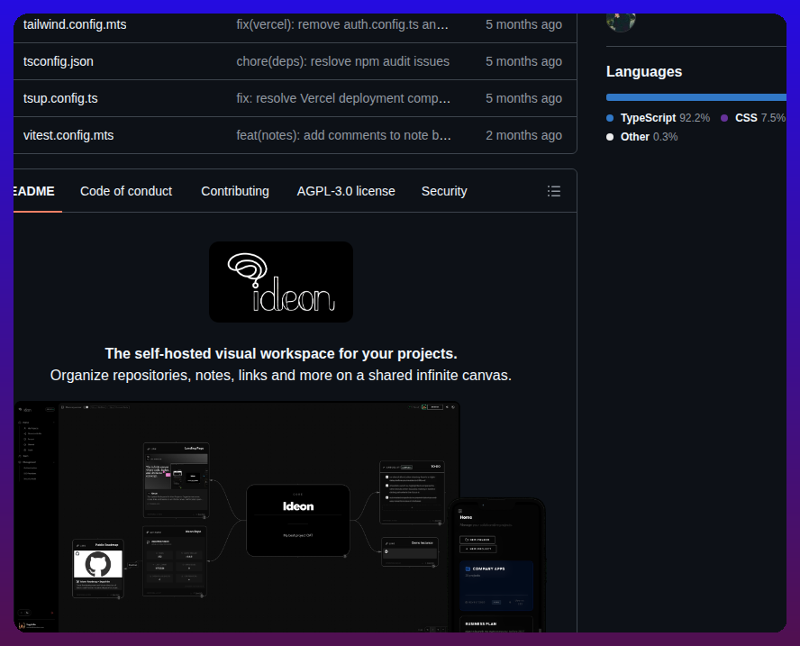 tom_doerr's tweet photo. Ideon replaces abstract file trees with a self-hosted visual workspace where you organize repositories, notes, and tasks on a single spatial map.

https://t.co/nN23wLUmjT https://t.co/lMO3eRBSsz