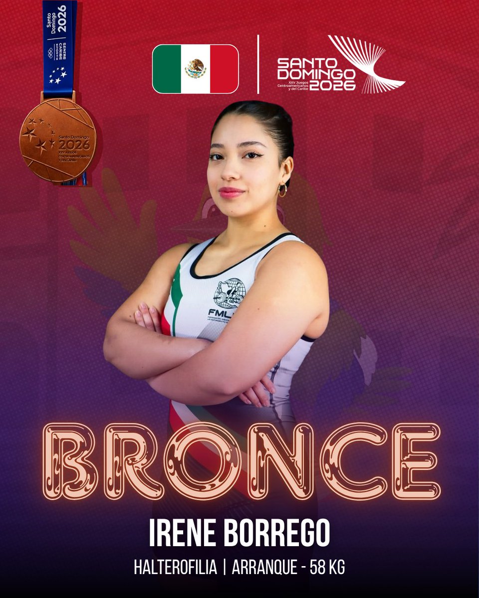 DeporteMexa's tweet photo. #SantoDomingo2026🇩🇴

¡Bronce para México! 🥉🇲🇽

🏋🏻‍♀️Irene Borrego se colgó el bronce en el Arranque de los 58kg femeninos al levantar 91kg, finalizó 4° en el total con 199kg, tercera medalla en el #LevantamientodePesas para la delegación mexicana 👏🏻

#OrgulloMexicano #TeamMexico https://t.co/ReJ9a4hxNX
