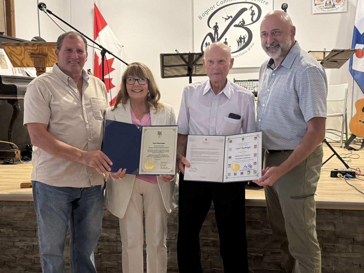 AlexRuff17's tweet photo. Honoured to help recognize Carl Ramage's over 45 yrs of service to the McLean's Cemetery during their 163rd Memorial Service. Carl's father John preceded him &amp; his son Larry now sits on the board. #ThankYou to all the #volunteers for your support. @shirleykeaveney @paulvickersmpp https://t.co/rw9TjBf2Sr