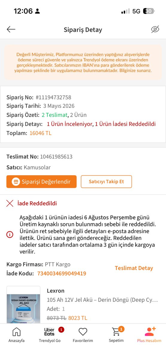 tuketicideney's tweet photo. Trendyol’dan alınan 2 aylık jel akü şişip çatladı; garanti kapsamında değişim veya ücret iadesi talebi kullanıcı hatası gerekçesiyle reddedildi.

♦️Takipçi şikâyeti:

“3 Mayıs 2026 tarihinde Trendyol üzerinden Kamusolar satıcısından jel akü satın aldım.

Yaklaşık iki hafta önce, henüz iki aylık olan aküde şişme ve çatlama meydana geldi.

Akünün üzerinde gözle görülür deformasyonlar oluştu ve ürün güvenle kullanılamayacak hâle geldi.

İlgili sipariş numaram KRA2026000000705’tir.

Ürünün bu kadar kısa sürede şişmesi ve çatlaması, üretim hatası veya ayıplı ürün olabileceğini düşündürüyor.

Trendyol ürünü iade kapsamında kabul etti. Ancak satıcı firmayla görüştüğümde analiz sürecinin devam ettiği, iade yapılmayacağı ve sorunun kullanıcı hatasından kaynaklandığı söylendi.

Ürünü kullanım talimatlarına uygun şekilde kullandığım hâlde kullanıcı hatasıyla suçlanmamı ve iade talebimin reddedilmesini kabul etmiyorum.

Ürünün objektif ve ayrıntılı şekilde teknik incelemeye alınmasını, garanti kapsamında yenisiyle değiştirilmesini veya ödediğim ücretin tarafıma iade edilmesini talep ediyorum.

Sürecin en kısa sürede sonuçlandırılmasını ve tarafıma yazılı bilgilendirme yapılmasını istiyorum.”