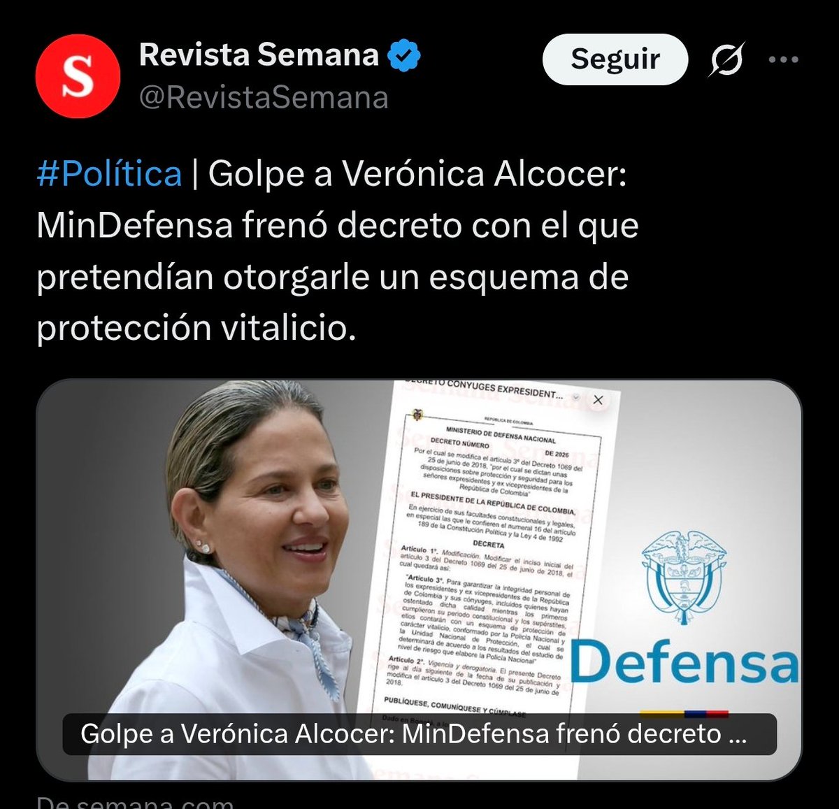 ojocolombia2026's tweet photo. 🇨🇴🚨🚨🚨 URGENTE:

👉🏻 El ministerio de defensa frena decreto de PETRO con el fin de entregarle a VERÓNICA ALCOCER un esquema de protección VITALICIO.

Esto solo aplica para los  expresidentes.

Que opina de esta nueva judadita de VERÓNICA Y PETRO.❓ https://t.co/tusP1z21YR