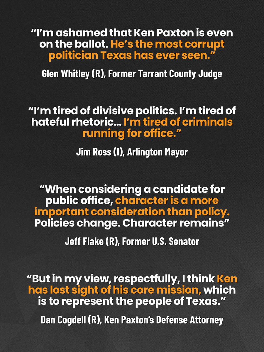 texasdemocrats's tweet photo. NEW: Former Tarrant County Judge Glen Whitley, a lifelong Republican, and Arlington Mayor Jim Ross, an Independent, have endorsed @JamesTalarico.

They join former U.S. Senator Jeff Flake and Paxton’s defense attorney Dan Cogdell in setting partisan politics aside and uniting behind James Talarico.