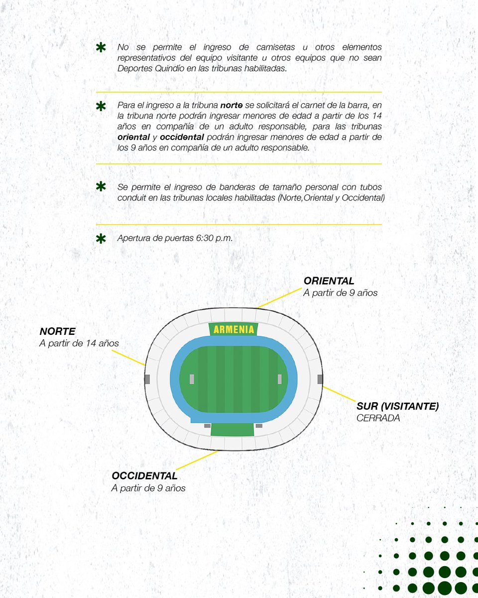 QuindioOficial's tweet photo. 📢 𝗗𝗶𝘀𝗽𝗼𝘀𝗶𝗰𝗶𝗼𝗻𝗲𝘀 𝗱𝗲 𝗽𝗮𝗿𝘁𝗶𝗱𝗼

📃 Estás son las disposiciones de partido para el encuentro frente al Internacional FC en el estadio Centenario.

🟢⚪🟡 https://t.co/itwImAw4N7