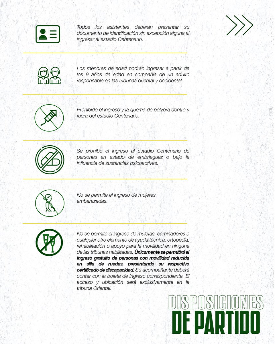 QuindioOficial's tweet photo. 📢 𝗗𝗶𝘀𝗽𝗼𝘀𝗶𝗰𝗶𝗼𝗻𝗲𝘀 𝗱𝗲 𝗽𝗮𝗿𝘁𝗶𝗱𝗼

📃 Estás son las disposiciones de partido para el encuentro frente al Internacional FC en el estadio Centenario.

🟢⚪🟡 https://t.co/itwImAw4N7