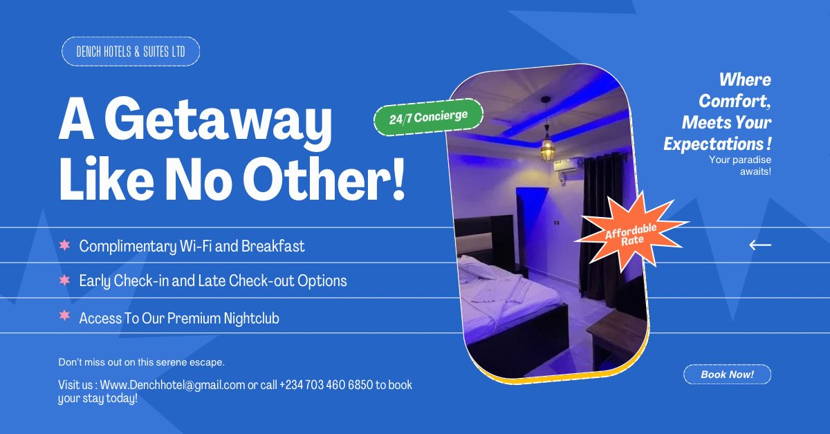 DenchHotel's tweet photo. Unwind in style at Dench Hotels &amp; Suites.
Flexible check-in. Premium comfort. Affordable rates.
Call to book: +234 703 460 6850
#StayWithUs #PHCity #Hotelphcity https://t.co/pEyw55CNpm