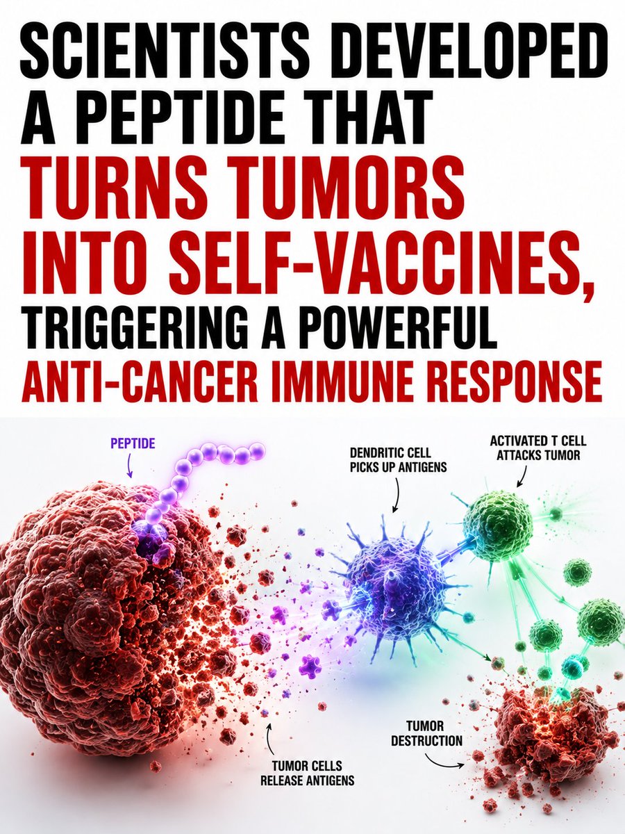 Dr_Singularity's tweet photo. Scientists developed a peptide that turns tumors into self vaccines, triggering a broad anti cancer immune response that eliminated tumors and generated long lasting immune protection in preclinical models.
https://t.co/tOGBeRxEXO https://t.co/52ezGEp2YU
