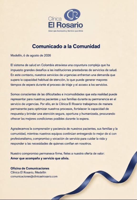 Teleantioquia's tweet photo. 🚨 En medio de la emergencia de salud y de las limitaciones anunciadas por varios hospitales en sus servicios, se suma la Clínica El Rosario de Medellín, que advirtió sobre una alta demanda en urgencias que supera su capacidad habitual de atención.

La institución informó que esta situación puede generar mayores tiempos de espera durante el triage y el acceso a los servicios.