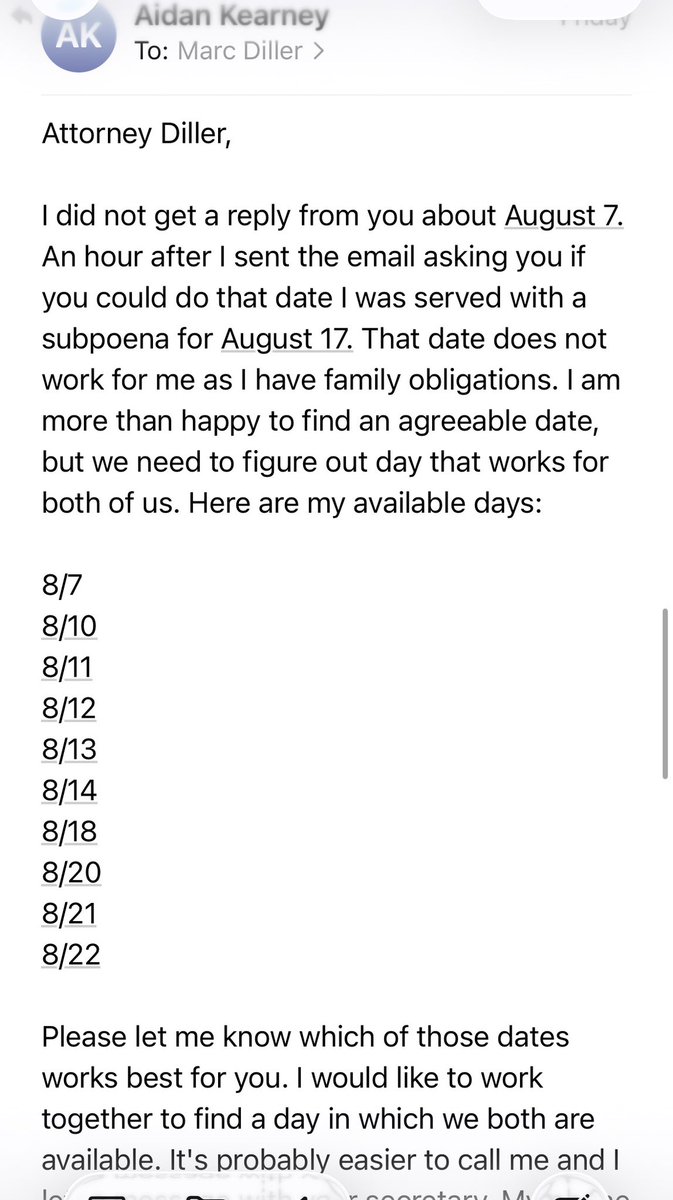 DoctorTurtleboy's tweet photo. Why is Diller lying to the court? Why did he intentionally not tell the court that I have repeatedly told him that I am awaiting trial and thus will be invoking my fifth amendment privilege to any questions involving my coverage of the Read case? Why did he leave out the fact that my lawyer contacted and told him this before I told him that several times? Why does he want to make me drive to Boston and waste everyone’s time if he knows I’m invoking the 5th? Why didn’t he tell the court that I gave him a list of close to a dozen days I was free from family obligations to attend the deposition where I would be showing up and invoking the 5th? Why didn’t he mention that I offered to appear via zoom on July 30? Why didn’t he mention that he told me there would be a depo on August 6, and that I immediately emailed back and asked if he could do the 7th, and that he ignored that email and an hour later he served me with a subpoena for the 17th? Why didn’t he return the email I sent him after that asking him if he could do the depo on August 7, 10, 11, 12, 13, and 14, all of which are before the August 17 deadline? Why is he representing to the court that I am unresponsive and not actively working with him to find a date that works for both us? Most importantly, why is he so interested in speaking with someone who wasn’t in Canton the night his clients family member was beaten to death inside Brian Alberts house? Why isn’t he suing the people who the FBI and DOJ believe are responsible for killing OJO? Why isn’t he suing the State or Canton Police who conducted the shoddy, incomplete, and unprofessional investigation into OJO murder that directly resulted in an acquittal? What false hope or reassurances has he given to the O’Keefe family, who will once again be set up for disappointment after being lied to by the DA office? Is he charging them for all this nonsense, which has zero chance of success unless someone caves and their insurance carrier offers a settlement (which doesn’t appear to be happening)?