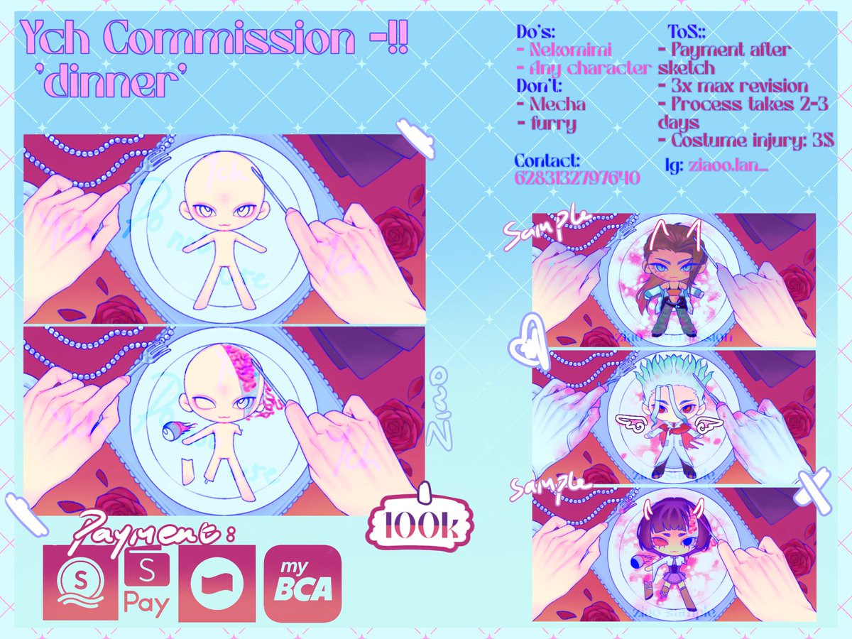 ziaopecel's tweet photo. HI:3 Trying to open my first commission here! 
(like and repost are appreciated!)

open for local only:3

🍴YCH COMMISSION! 'Dinner'🍴
Price: 100k
slot: 5/???

#zonauang #artidn #opencommission #zonajajanㅤ https://t.co/mK34Jl8sKF