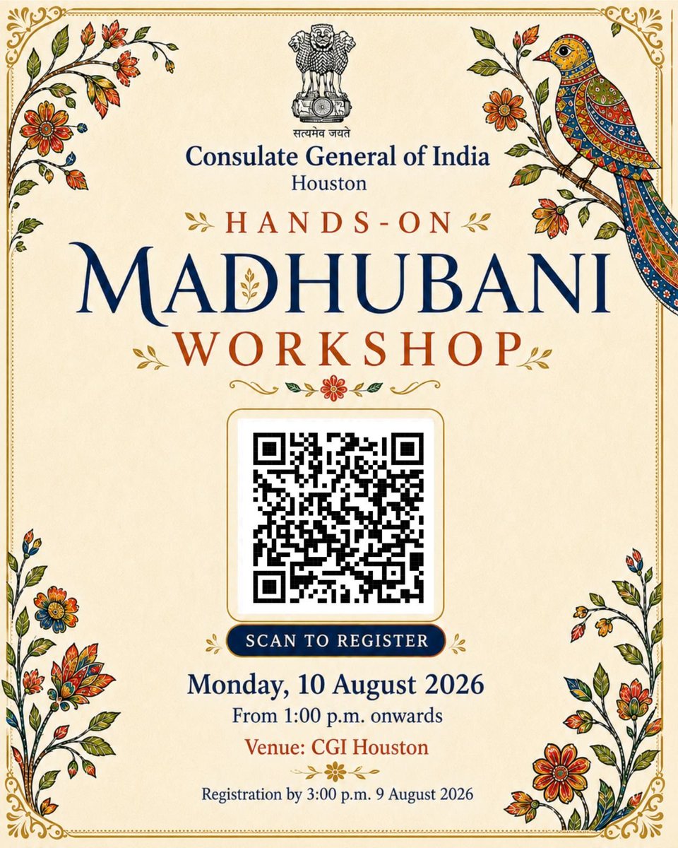cgihou's tweet photo. 🎨 Madhubani Painting Workshop
The Consulate General of India, Houston, warmly invites members of the community to participate in a hands-on Madhubani Painting Workshop, celebrating one of India's most vibrant and traditional art forms.
📅 Date: Monday, 10 August 2026
🕐 Time: 1:00 PM
📍 Venue: Consulate General of India, Houston
✨ All art materials will be provided by the Consulate. No prior experience is required.
Registration
For in-person participation at the Consulate:
📲 Please register by scanning the QR code on this flyer. Registration is mandatory as seats are limited.
For virtual participation:
Register at: https://t.co/EBH04CVQni
After registering, join the online workshop using the Webex link:
https://t.co/3nqHdft9o1
We look forward to your participation as we celebrate India's rich artistic heritage through the timeless tradition of Madhubani painting.
#CGIHouston #IndiaInUSA #Madhubani #MadhubaniArt #IndianArt #TraditionalArt #FolkArt #IndianHeritage #CulturalDiplomacy #IncredibleIndia
