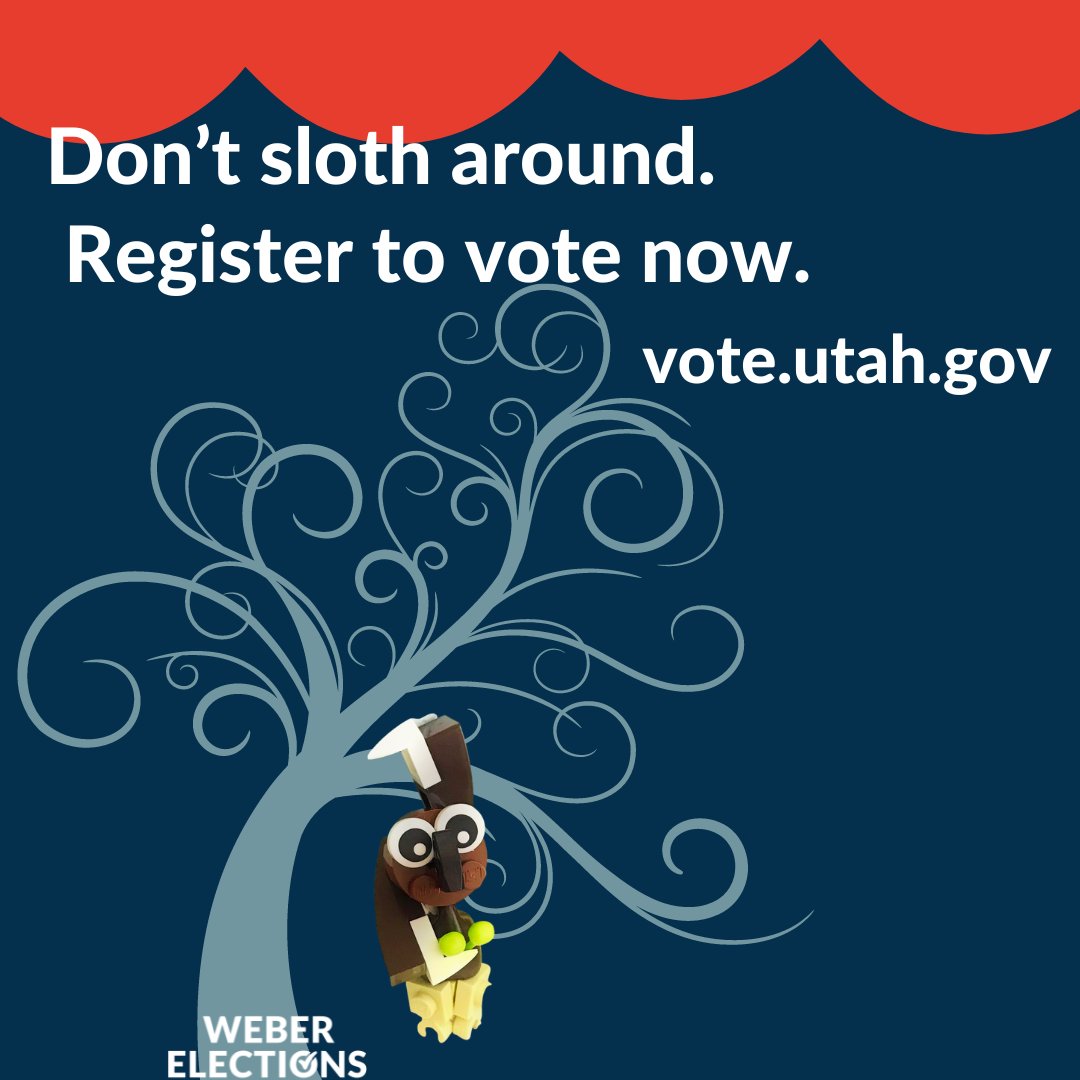 WeberElections's tweet photo. Don't sloth around. Register to vote now: https://t.co/yxHIfdkFMI
#puns #weberelections #webercounty #LEGO #voterregistration #PSA #utahelections #electionsutah https://t.co/GeQZmn5CRv