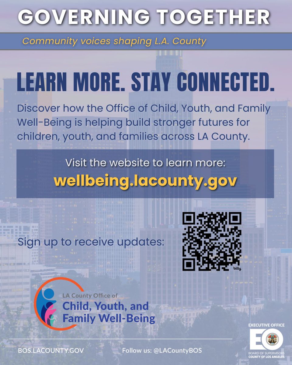 LACountyBOS's tweet photo. Strong communities help children, youth &amp; families thrive. 💙

The #LACounty Office of Child, Youth, &amp; Family Well-Being connects communities with County departments to strengthen services and support for families. Learn more: https://t.co/cZdtn6pPSA https://t.co/gx9bzESpmD