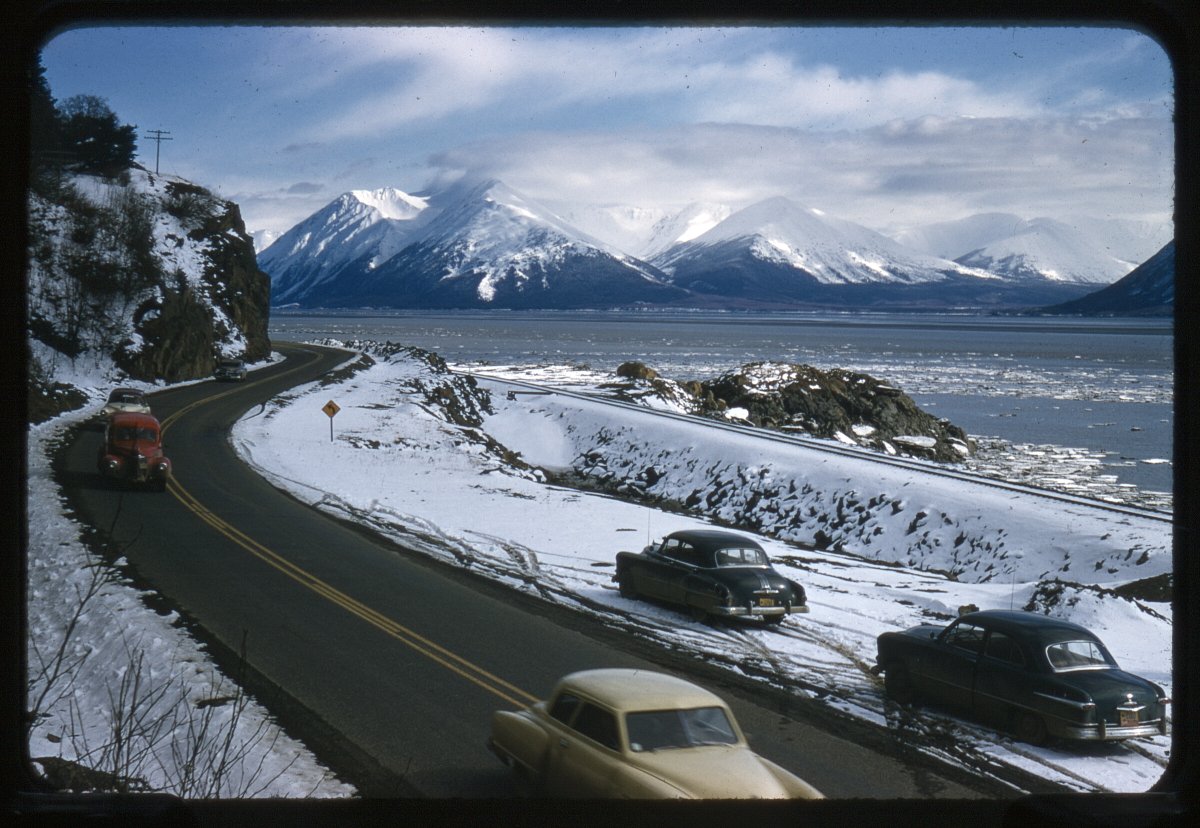 ANC_Historian's tweet photo. 1955, driving the Seward Highway along the Turnagain Arm in winter. Via Anchorage Museum #alaskahistory #alaska https://t.co/WGeUWPvISp
