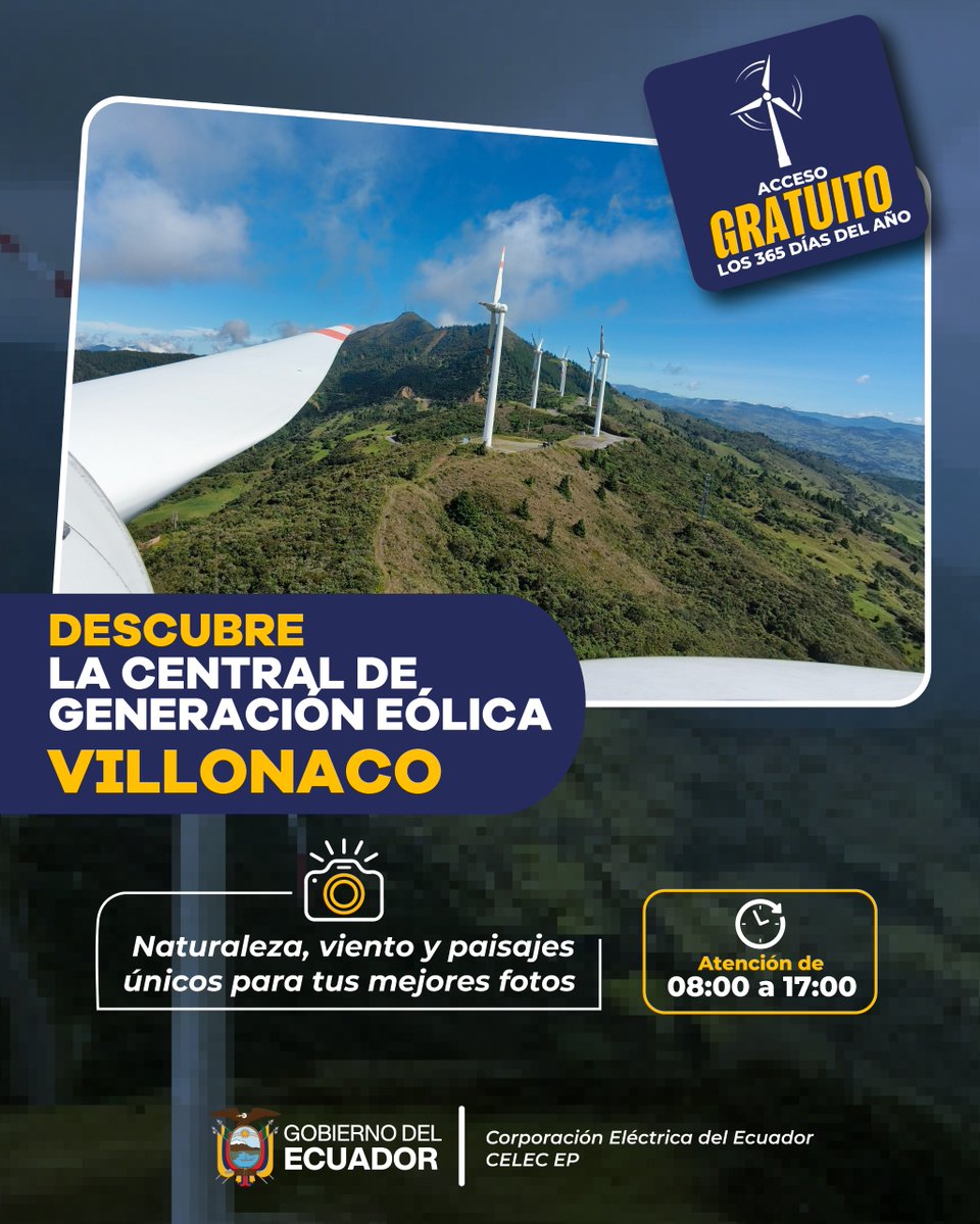 CELEC_EP_GENSUR's tweet photo. Este feriado, descubre uno de los íconos turísticos de Loja. 

Vive la experiencia de la energía eólica, recorre Villonaco y captura paisajes inolvidables. ⚡🌄

📍 Entrada gratuita 
🕗 08:00 a 17:00. https://t.co/MtucX501ls
