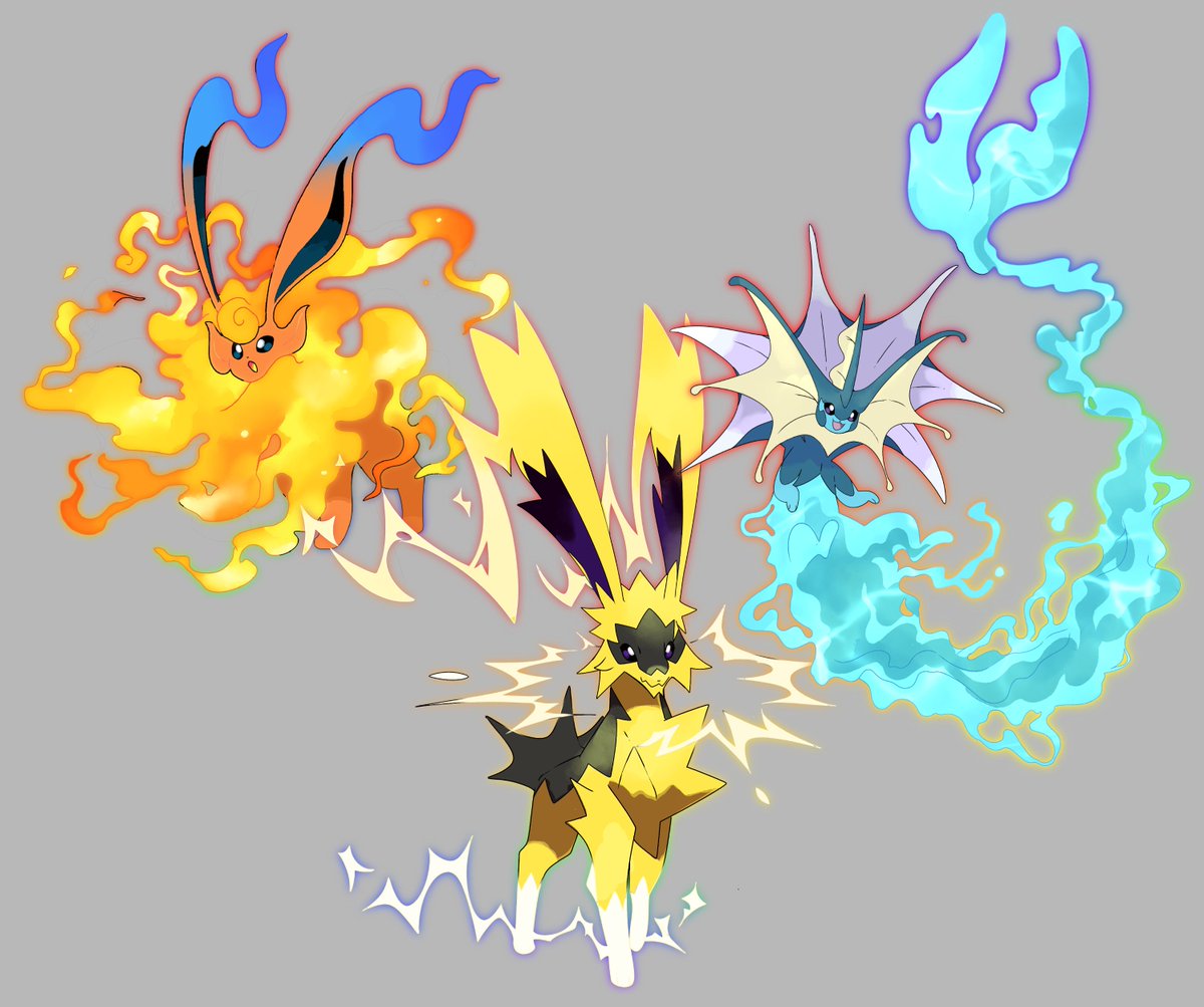 Kaiijumon_'s tweet photo. The Elemental Triumvirate 
Mega Flareon
Mega Jolteon
Mega Vaporeon https://t.co/1nsDMJypkm