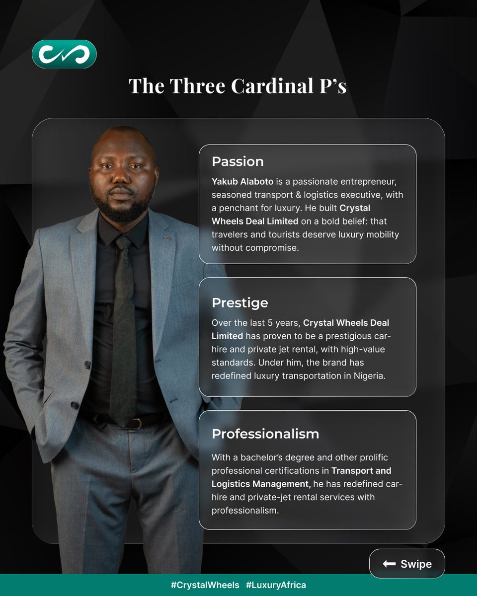 AbujaPR_info's tweet photo. Meet the Visionary Behind @Crystal_Wheels 
Where prestige meets the road, and the sky.
Meet Yakub Alaboto, the CEO of Crystal Wheels Deal Limited, a passionate entrepreneur and seasoned transport &amp; logistics executive with a penchant for luxury. He built Crystal Wheels Deal Limit https://t.co/lm1KZujLzh