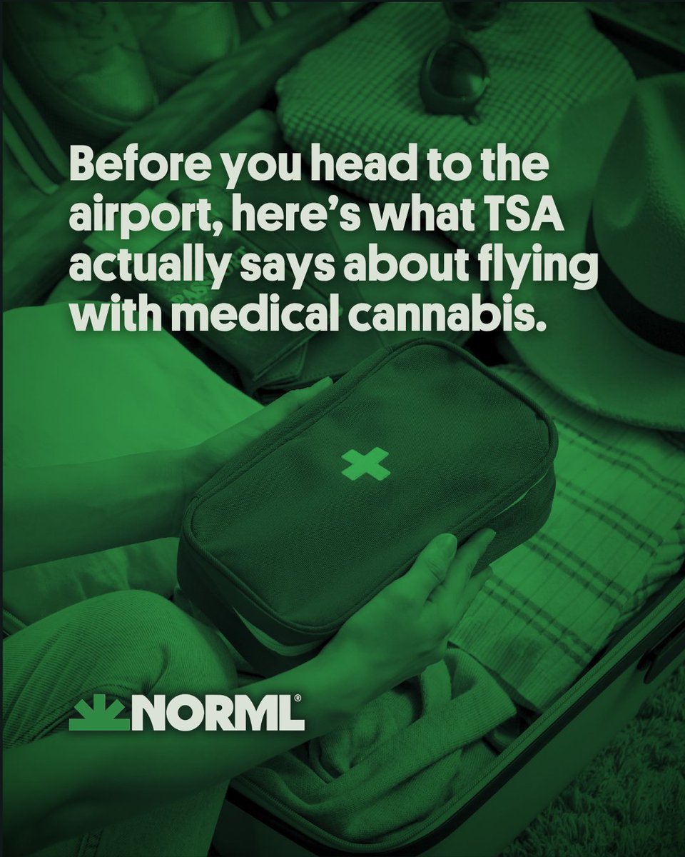 NORML's tweet photo. ✈️ TSA changed what its website says about medical cannabis, prompting headlines that patients can now fly with it. But is that actually true?

NORML's new FAQ breaks down what changed, what didn't, and what you need to know before packing for your next flight.

🔗 Link to story in comments.