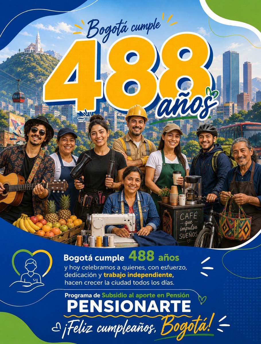 FSP_Colombia's tweet photo. 🎉 ¡Bogotá celebra 488 años de historia, trabajo y sueños!
En el Programa de Subsidio al Aporte en Pensión PENSIONARTE celebramos su compromiso y seguimos acompañándolos para que también construyan su futuro pensional.

¡Feliz cumpleaños, Bogotá! https://t.co/s3bBiDTcZt