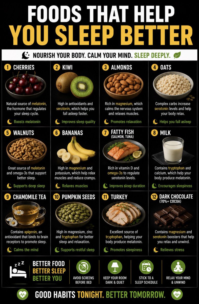 THESTEVENS12's tweet photo. FOODS THAT HELP YOU SLEEP BETTER👇 https://t.co/PWjJ5L7dMy