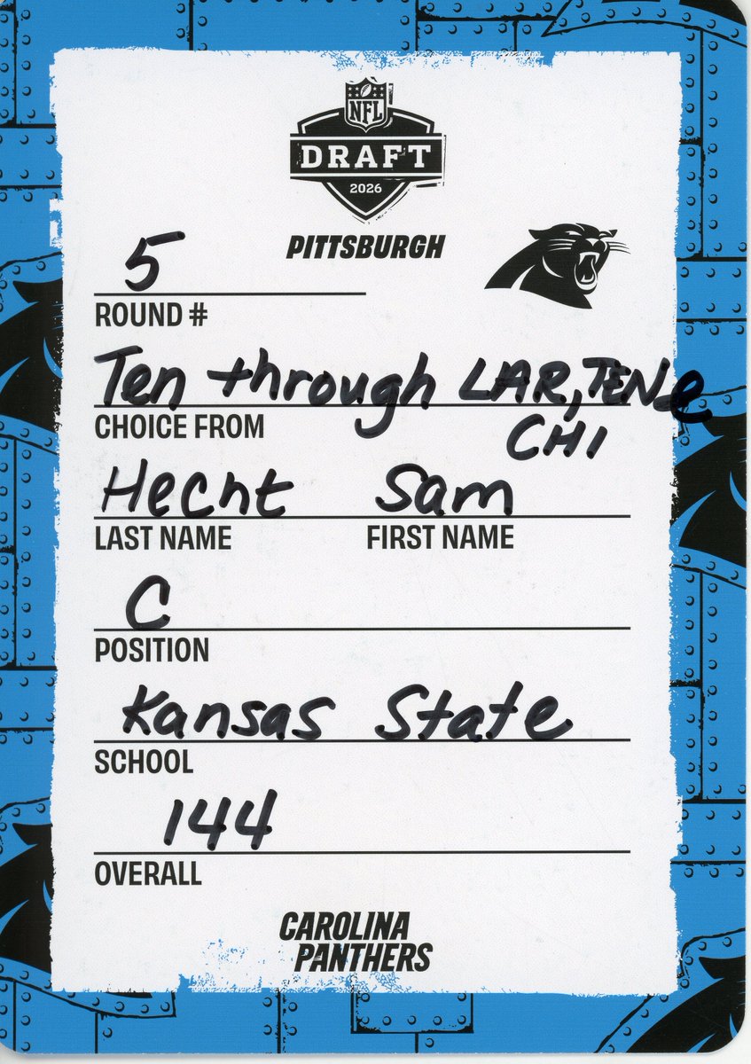 PFHOFAmbassador's tweet photo. SAM HECHT, @Panthers OL
Below is the 2026 @NFL Draft Card of @samhecht23 , the #144 pick from @KStateFB ,the card is kept @ProFootballHOF
#KeepPounding #Panthers #Carolina #NFL #NFL2026 #NFLNews #NFLKickoff #HallofFame #HOF #HallofFameGame #CARvsARI #PanthersvsCardinals #NFLX