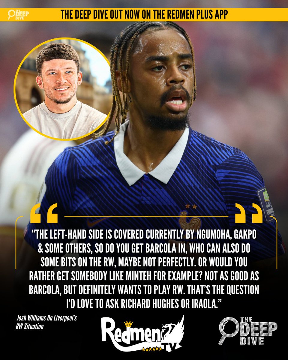 TheRedmenTV's tweet photo. 🗣️ Josh Williams weighs up Liverpool's winger dilemma. 🔴

Is Bradley Barcola worth signing despite being more comfortable on the left, or should the Reds prioritise a natural RW? 🤔

Which way would you go? 👇 https://t.co/yCC7jAoV3Q