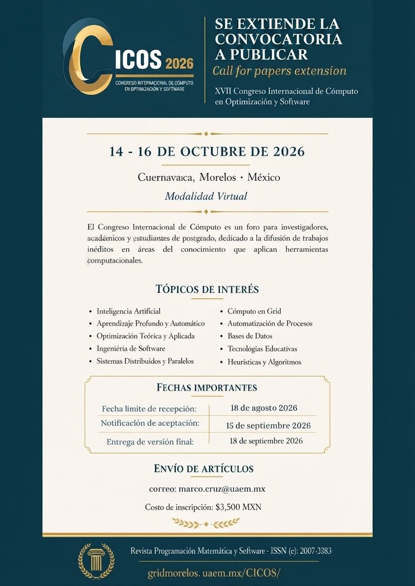 congreso_cicos's tweet photo. ⚠️ENVÍO DE ARTÍCULOS CICOS 2026⚠️

Los artículos son sometidos de forma electrónica en la siguiente liga:
https://t.co/KV5byYhdGW https://t.co/sFtlqTFM8n