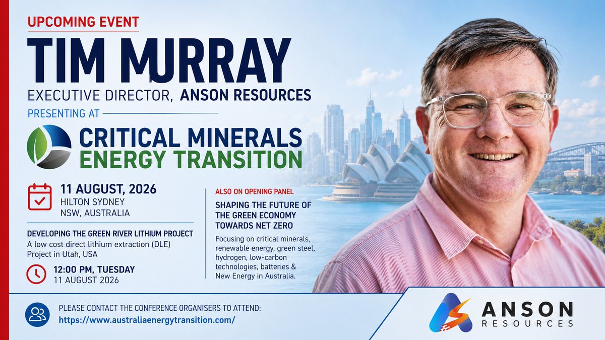 anson_ir's tweet photo. Anson Executive Director Tim Murray to presenting at Critical Minerals Energy Transition 11 August 2026. https://t.co/l0H5K5mYYU