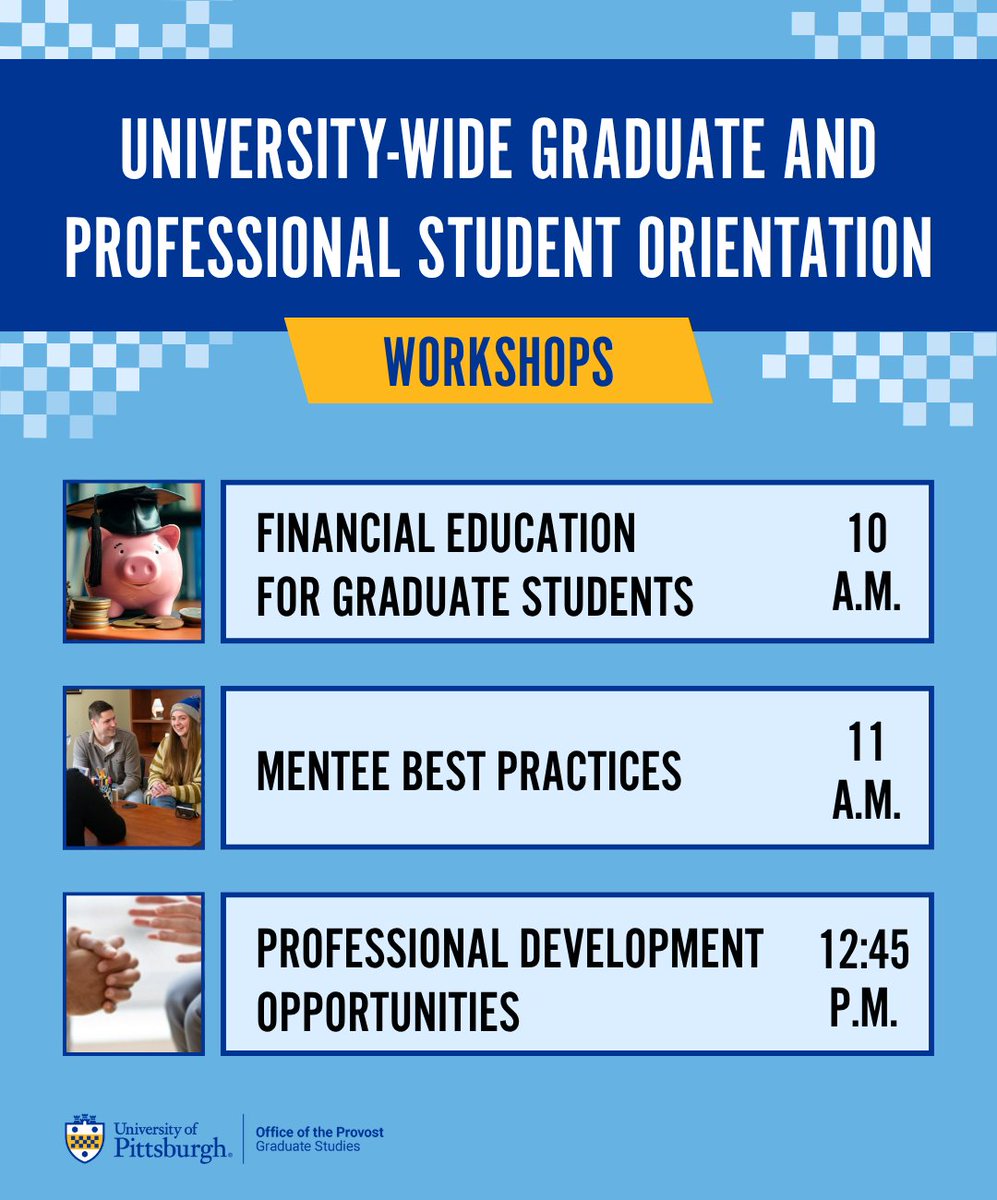 PittGradStudies's tweet photo. We are offering three morning workshops prior to the Welcome Session at Orientation. Check you email for registration details and RSVP to attend by August 10. The classroom location will be shared post-registration. https://t.co/myowIzvoK0