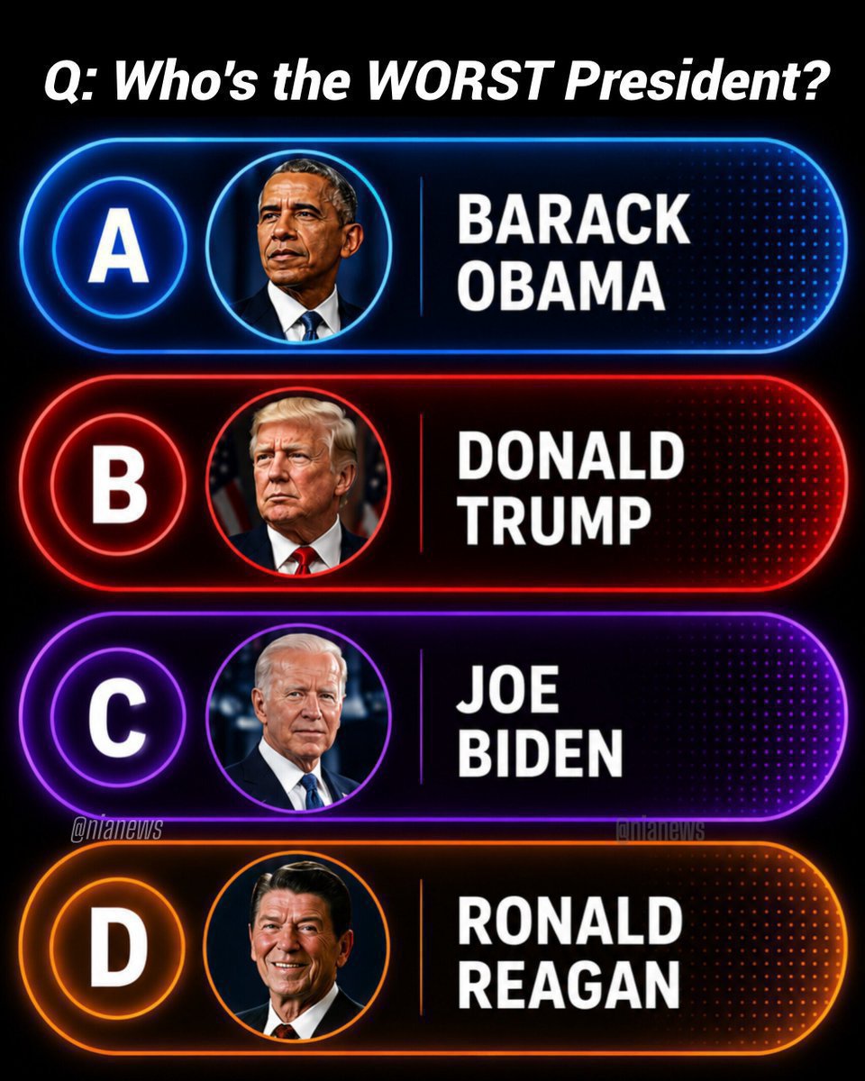 0ivankaTrump1's tweet photo. Opinion poll!

Q:Everyone answer this one correctly?

Who's the Worst president among them?🇺🇸👇 https://t.co/izwHfonS01