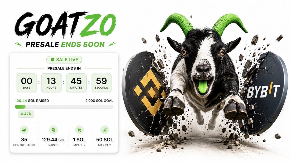 GoatzoCoin's tweet photo. 🚨 MAX ALERT 🚨

GOATZO is charging straight at the biggest exchanges in crypto.
@binance @Bybit_Official @cz_binance

The herd is moving.
The market will feel it.
A new global meme force is here. 🐐💥

#GOATZO #Binance #Bybit #Memecoin https://t.co/Qr7T6TOxEt