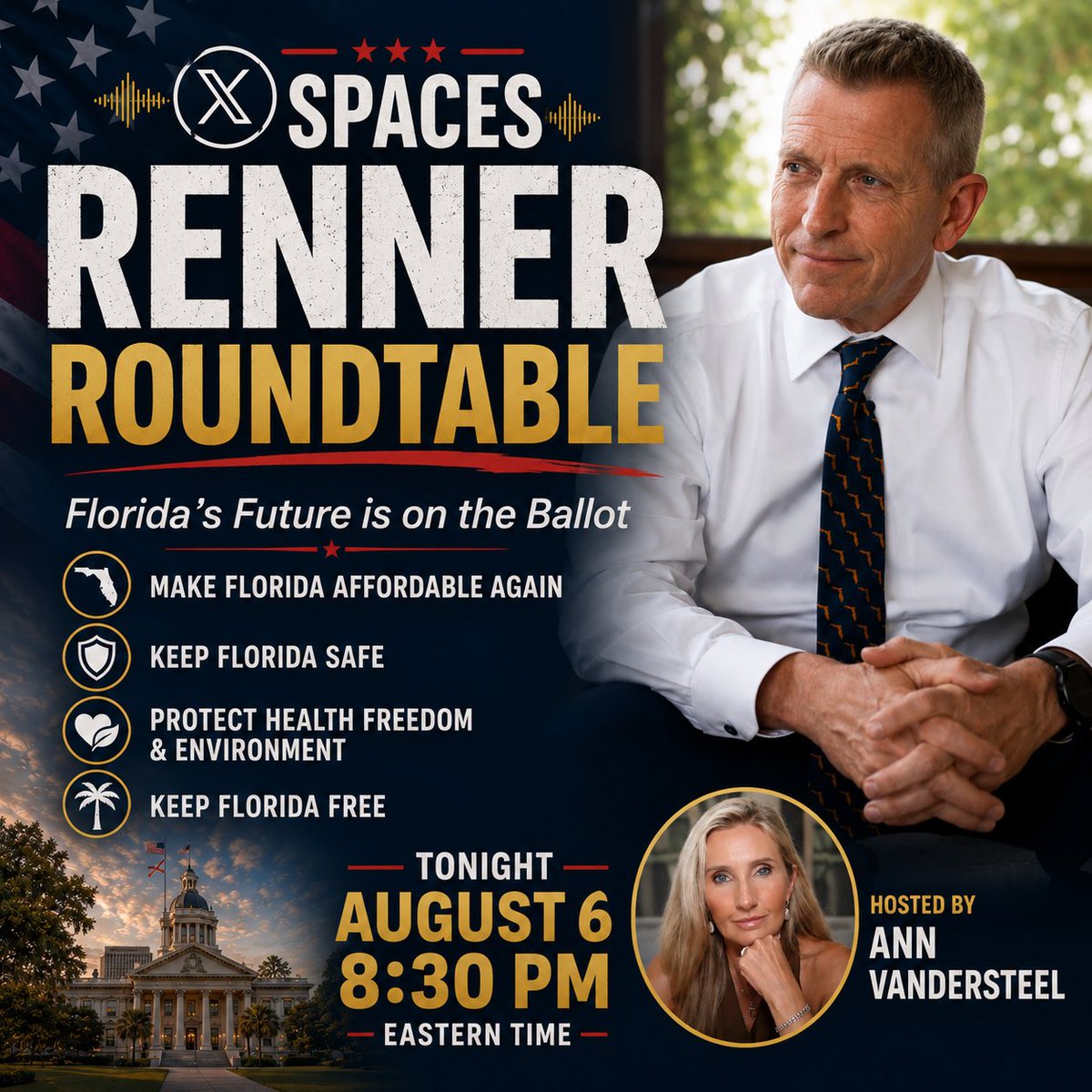 annvandersteel's tweet photo. 🔥 DESANTIS JUST SAID IT OUT LOUD

“You take someone like Speaker Renner, I think he would make a really good Governor. He’s got a really good record of policy.”

That record matters.

Paul Renner helped deliver the conservative victories that made Florida the nation’s leader. Now he is ready to protect our sovereignty, restore affordability, defend our rights, and put Floridians first.

Tonight at 8:30 PM, join us for the Renner Roundtable on X Spaces.

Florida’s future is on the ballot.
