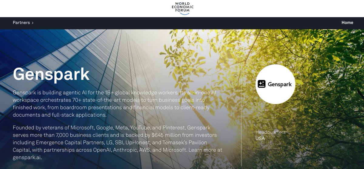 genspark_ai's tweet photo. Genspark has joined the @wef Unicorn Innovator Community.

We’re honored to give our perspective and help shape the future alongside leaders across business, government and civil society.

See you in Davos. https://t.co/YiUrQmOUsf