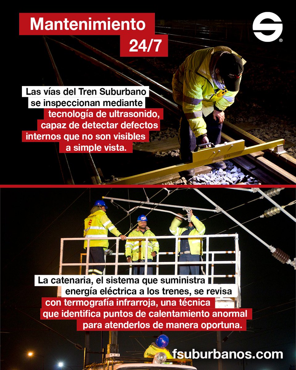 Suburbanos's tweet photo. El mantenimiento del #TrenSuburbano se realiza de forma preventiva y especializada para mantener la infraestructura ferroviaria en óptimas condiciones.  Conoce todas las acciones de mantenimiento que realiza el Tren Suburbano en nuestra página oficial https://t.co/sw90nO98Cz https://t.co/wX8m2qrpOX