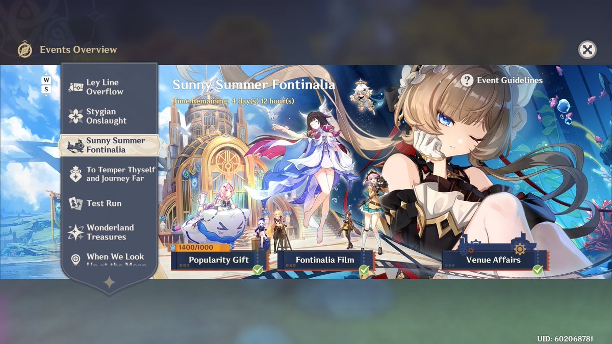 RosaNagashi's tweet photo. Finished all the event minigames in one sitting today and, potentially an unpopular opinion:

I hope they do more events like this that have more substance to them, making them take longer to complete, and then make them available the entire version.

I've seen a lot of people express frustration that this event takes longer to complete than usual, but honestly my biggest complaint with main version events is usually that they're only available for the first 2 weeks, which is also when you're doing other stuff like exploration, farming for new characters, stygian etc.

I would much prefer an event like this be available for the entire 6 week duration of the version, whilst also having a bit more to actually do in it (and reasons to keep playing for those who enjoy it even when there's no more rewards, like getting all the prismatic fish)!

I do know the rewards then get brought into question, cause for the people who only care about the primogems, yes this would mean less primogems per hour of time spent on the game, and that's regrettable for those who see that as their primary metric of enjoyment. For me personally though? I'd rather have fun playing something for 8 hours and get 100 primogems an hour, than play something I despise for an hour and get 800 primogems out of it, y'know?

Great event, fantastic story, 10/10 more like this please