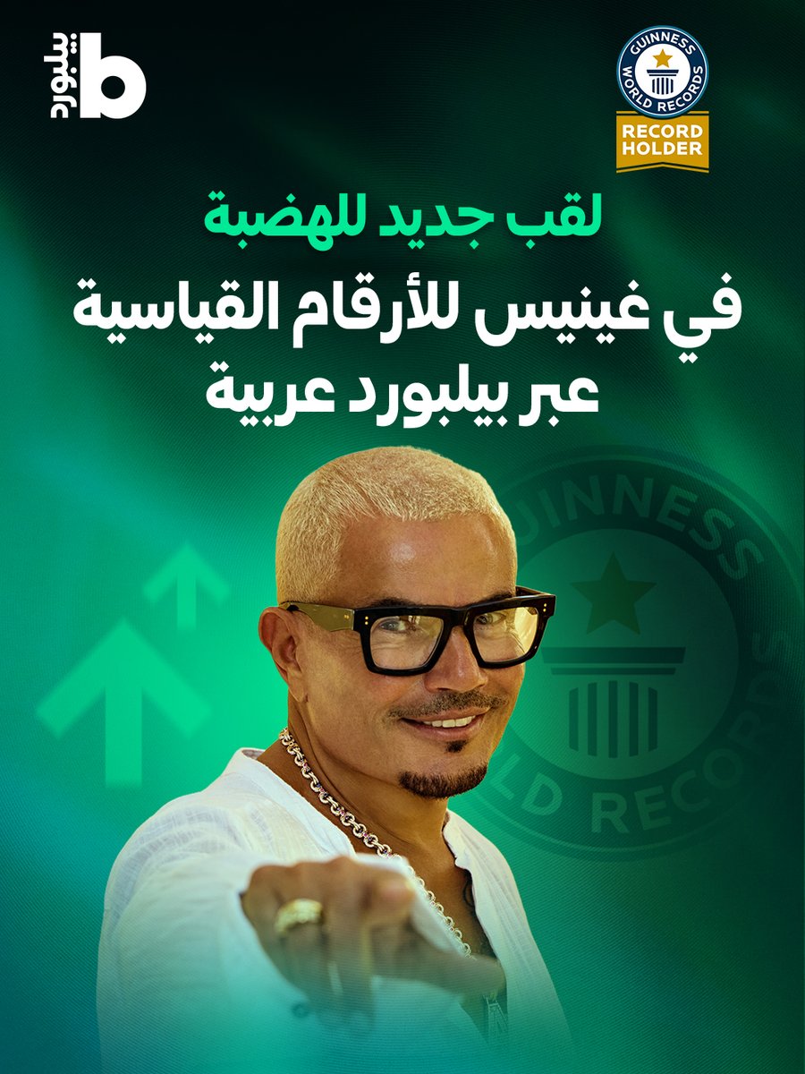 billboardarabia's tweet photo. #عمرو_دياب يحصد لقبًا جديدًا في #غينيس للأرقام القياسية، بعدما أمضى 64 أسبوعًا في المركز الأول على قائمة #بيلبورد_عربية  أعلى 100 فنان، تخللتها مدة تاريخية بلغت 36 أسبوعًا متتاليًا دون انقطاع، في إنجاز لم يسبقه إليه أي فنان آخر.

مبروك للهضبة هذا الإنجاز الاستثنائي 🏆❤️

@amrdiab https://t.co/ZfeOhN0XHN