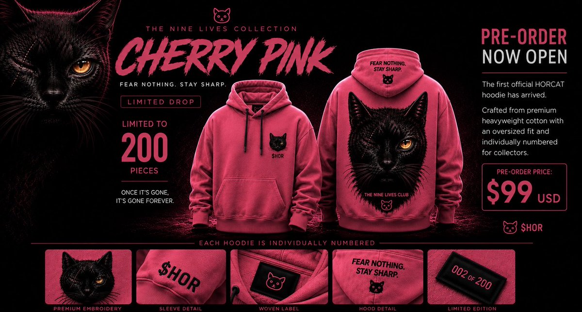 HorCatX's tweet photo. 🐈‍⬛ HORCAT CHERRY PINK HOODIE Limited Edition 🩷

The first official HORCAT hoodie, Designed for the community.

Thank you for supporting the HORCAT community.

🐈‍⬛ $HOR https://t.co/Wpgx3ZCN0n