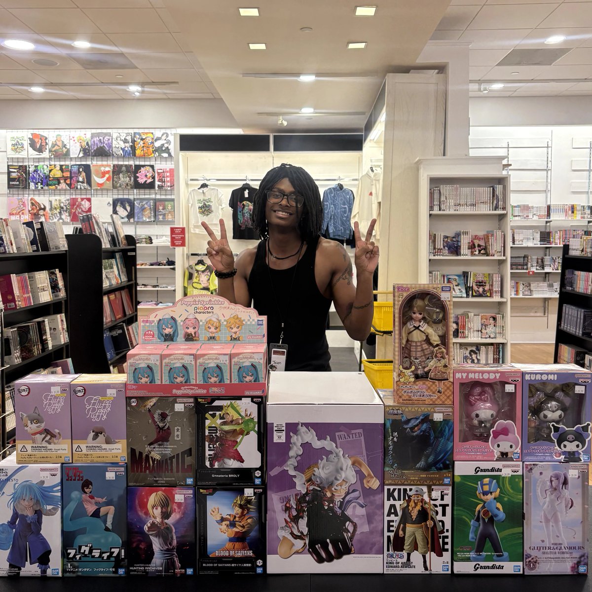 AnimazedStore's tweet photo. Jalen is so kawaii with all our new merch at Animazed! We didn’t tell him to do this pose, but he was just feeling cute today 

#animazed #animestore #raleighnc #onepiece #hatsunemiku https://t.co/1cc5Ue0FyU