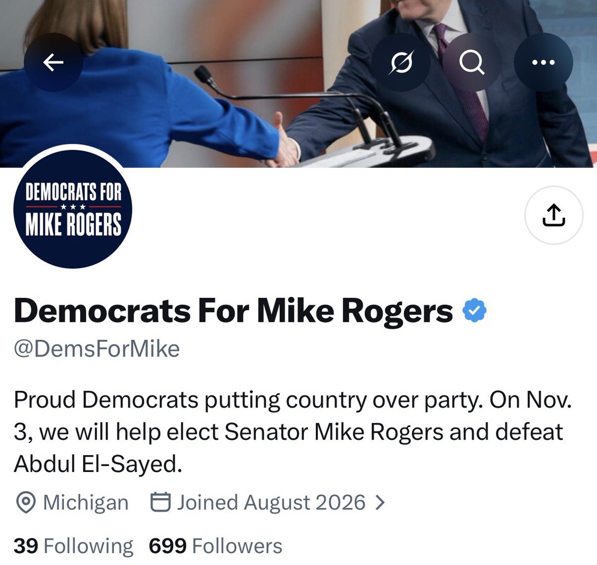 PollTracker2024's tweet photo. “Democrats for Mike Rogers” account emerges, unclear who is behind it. 

#MichiganSenate https://t.co/CENWWmCYam