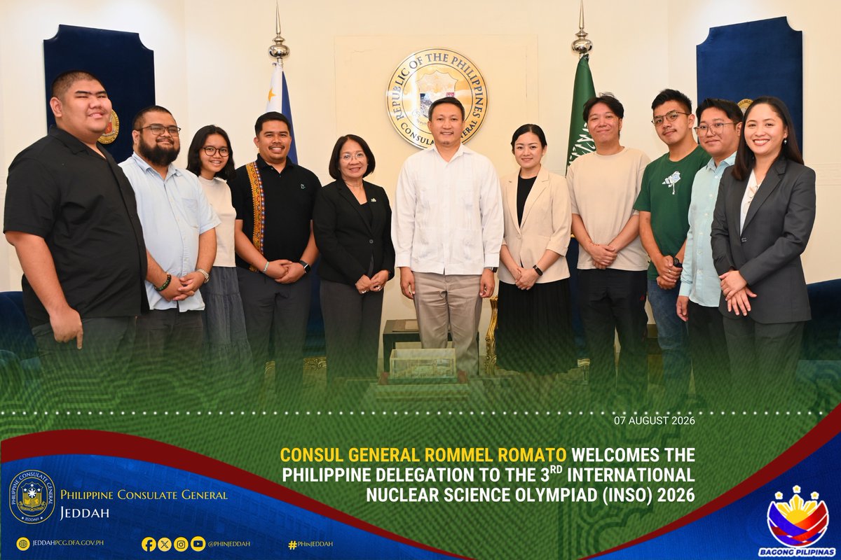 PHinJeddah's tweet photo. PCG Jeddah proudly welcomed the Philippine delegation to the 3rd International Nuclear Science Olympiad (INSO) 2026 during a courtesy call.

Best of luck to Team Philippines as they represent the country in Jeddah! #PHinjeddah #INSO2026 https://t.co/zi675WTcKv