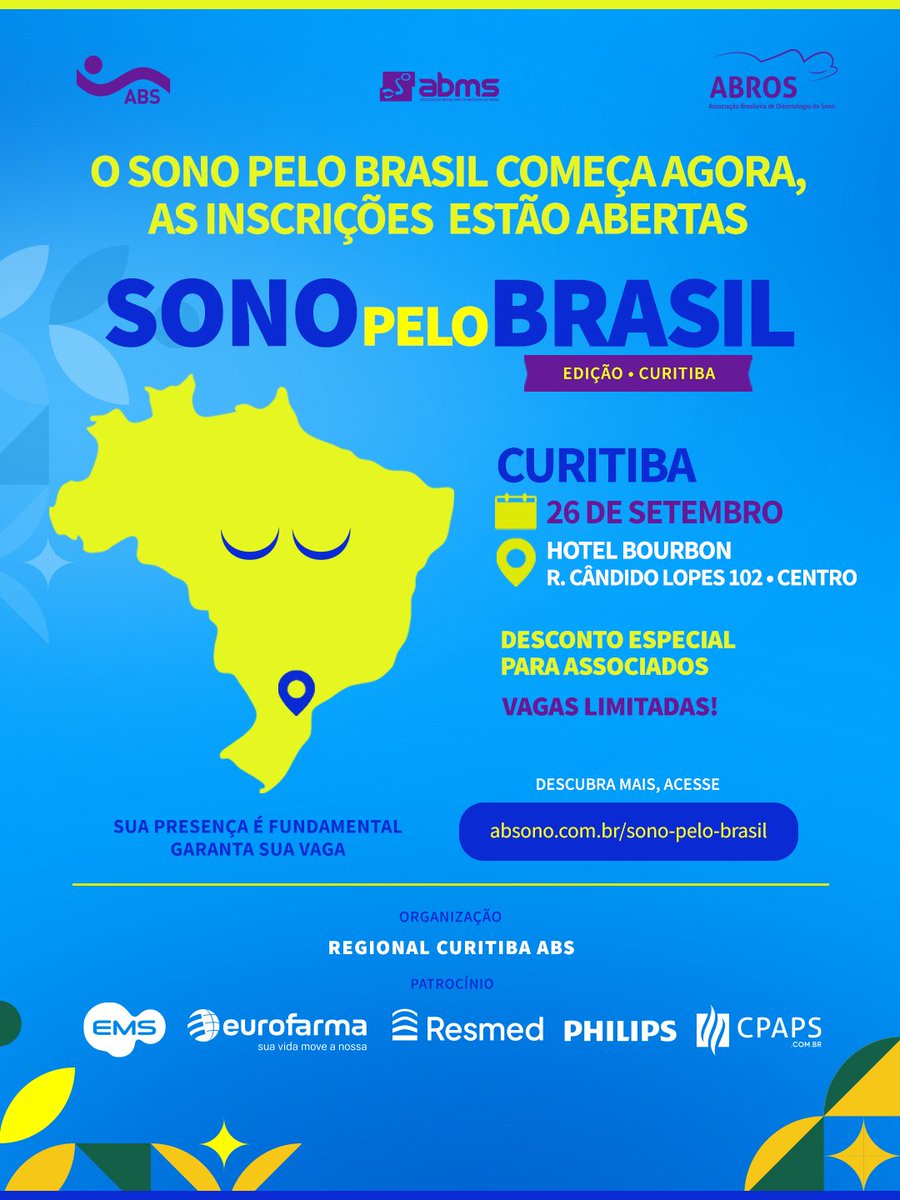 absono_'s tweet photo. Não perca o encontro do Sono Pelo Brasil em Curitiba!

Anote na agenda:
📅 Data: 26 de setembro de 2026
📍 Local: Bourbon Hotel &amp; Suítes Curitiba

🔗 Faça sua inscrição antecipada com desconto em: https://t.co/LG6L6fQHQk

#absono #sonopelobrasil #sono https://t.co/KeiHGK6ov4