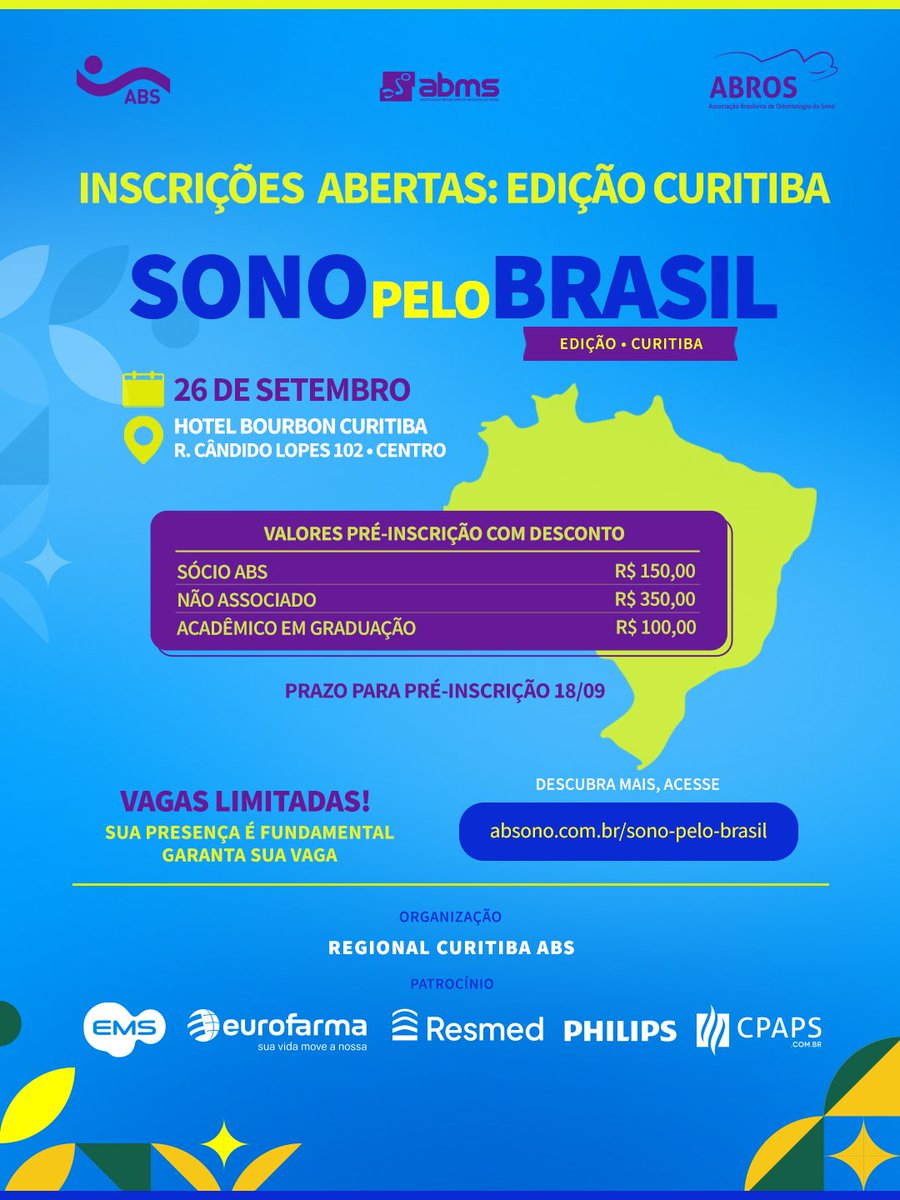 absono_'s tweet photo. Não perca o encontro do Sono Pelo Brasil em Curitiba!

Anote na agenda:
📅 Data: 26 de setembro de 2026
📍 Local: Bourbon Hotel &amp; Suítes Curitiba

🔗 Faça sua inscrição antecipada com desconto em: https://t.co/LG6L6fQHQk

#absono #sonopelobrasil #sono https://t.co/KeiHGK6ov4