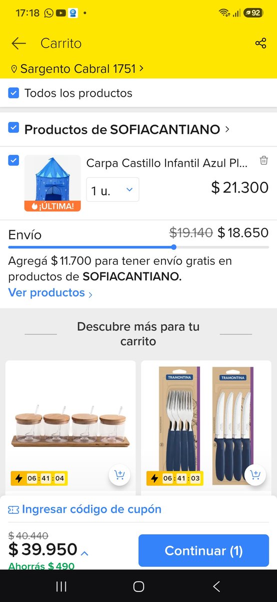 AngelDebiase's tweet photo. @MercadoLibre @ML_Argentina  consulto, si esto no es publicidad engañosa? Te dicen que agregues artículos del mismo vendedor para no cobrarte el envío. Pero uppppp pasan cosas.....esto no es deshonesto?? https://t.co/rfsNZAjiR0