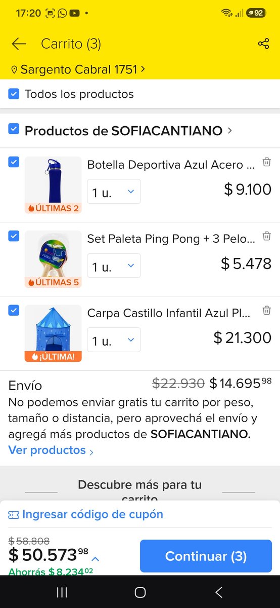 AngelDebiase's tweet photo. @MercadoLibre @ML_Argentina  consulto, si esto no es publicidad engañosa? Te dicen que agregues artículos del mismo vendedor para no cobrarte el envío. Pero uppppp pasan cosas.....esto no es deshonesto?? https://t.co/rfsNZAjiR0