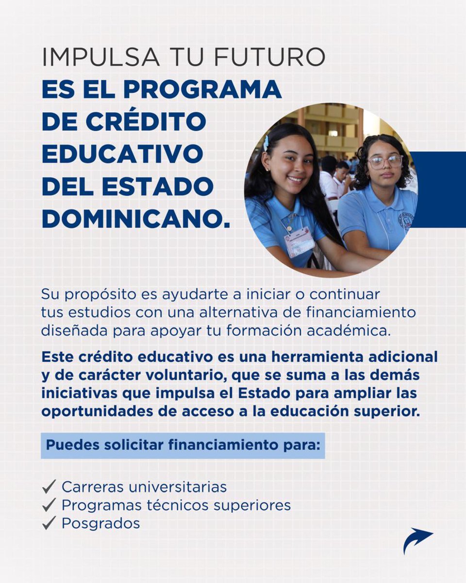 EducacionRDo's tweet photo. Hay metas que no deberían quedarse en pausa. 🎓 

Impulsa tu Futuro es el programa de crédito educativo del Estado dominicano que te brinda una alternativa de financiamiento para iniciar o continuar tus estudios superiores.

Si sueñas con cursar una carrera, un técnico o un posgrado, este programa puede ayudarte a dar el siguiente paso.

Desliza y conoce cómo funciona.