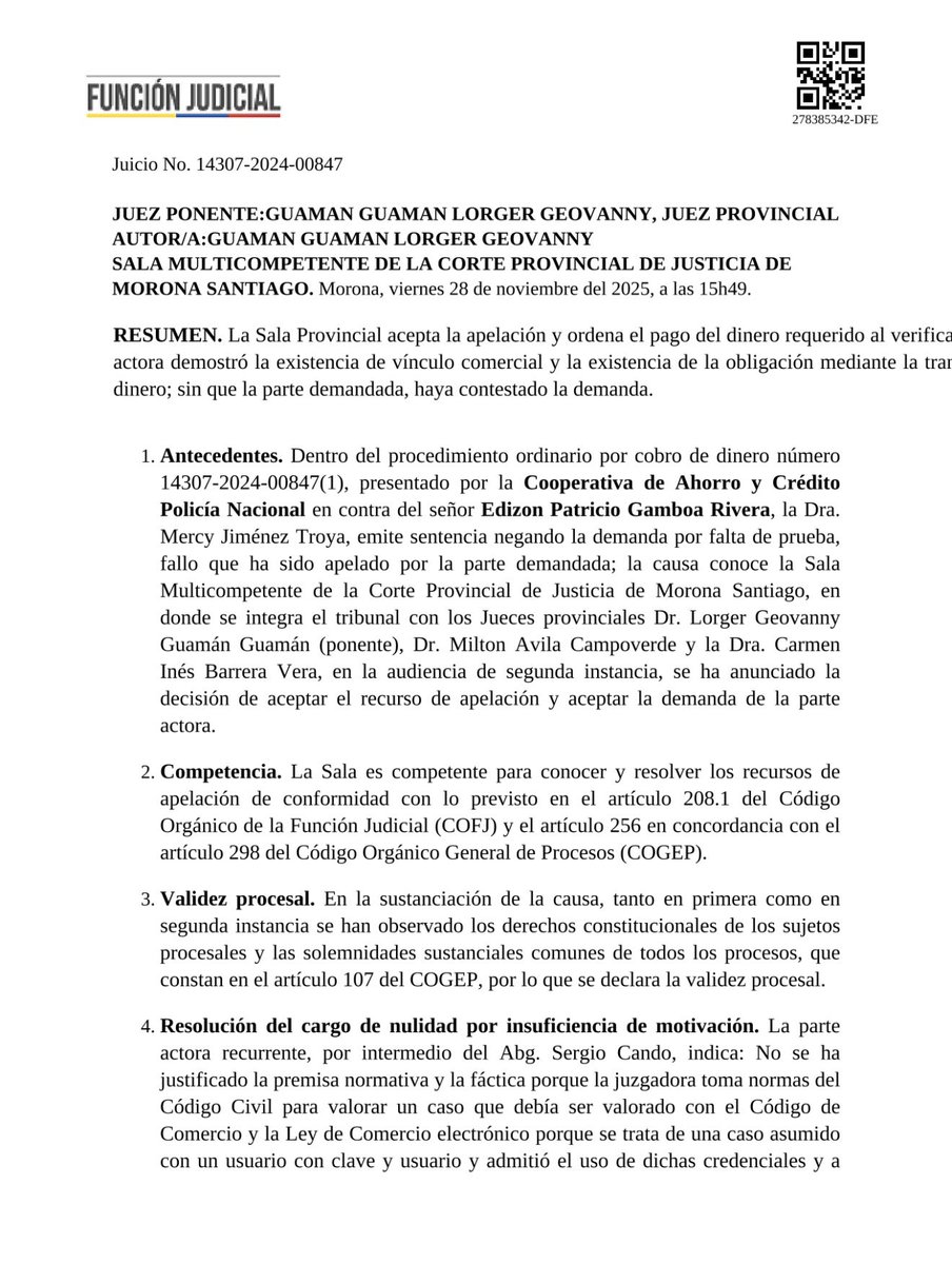 mariovelezec's tweet photo. #AnálisisProcesales | 📌 ¿Puede anularse una sentencia solo porque se sospecha que fue redactada con inteligencia artificial en Ecuador?

En el Juicio No. 14307-2024-00847, la Sala Multicompetente de la Corte Provincial de Justicia de Morona Santiago analizó un argumento poco común: la parte apelante sostuvo que la sentencia de primera instancia habría sido elaborada mediante inteligencia artificial y que ello evidenciaba una falta de motivación.

Al examinar este alegato, el Tribunal indicó que utilizó aplicaciones digitales para verificar dicha afirmación, pero advirtió que estos detectores presentan altos márgenes de error, incluso al analizar resoluciones elaboradas por jueces. Agregó que, aunque la sentencia empleaba expresiones poco habituales que podrían sugerir el uso de IA, ello no era suficiente para concluir que había sido generada por inteligencia artificial, pues se evidenciaba la existencia de un razonamiento humano mínimo. Por esa razón, rechazó el cargo de nulidad por falta de motivación.

Además, la Sala recordó que la garantía constitucional de motivación no depende de la herramienta utilizada para redactar una resolución, sino de que esta contenga una fundamentación normativa y fáctica suficiente, permitiendo comprender las razones jurídicas y probatorias que sustentan la decisión.

Este pronunciamiento abre un debate cada vez más relevante para la administración de justicia: el verdadero control judicial no debe centrarse en determinar si se utilizó inteligencia artificial, sino en verificar si el juez ejerció efectivamente su función jurisdiccional y asumió la responsabilidad del razonamiento contenido en la sentencia.

#Ecuador #InteligenciaArtificial #MotivaciónJudicial #Abogados