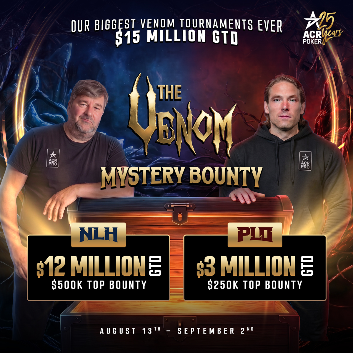 ACR_POKER's tweet photo. 🕷️Spider-Man got everyone catching fever…

But on ACR Poker? It’s all about 🕷️Venom Fever 🔥

🕷️ $2,650 Venom Mystery Bounty
💥 $12M GTD (NLH) / $3M GTD (PLO)💥

Too pricey? No problem👇
🕷️ Venom Fever satellite flights...just $16.50 
(runnin' daily) 

        Qualify for Day 2 (Sunday) 👇
💥(10) $2,650 Venom seats GUARANTEED💥

🎁 GIVEAWAY:
(10) $16.50 Venom Fever tickets HERE
10 more in our FB group 👇
https://t.co/HUPorPwxS7

To enter:
❤️ Like
🔁 Quote RT
👥 Tag 2 friends + comment your favorite thing about ACR Poker
📝 Drop your ACR screen name