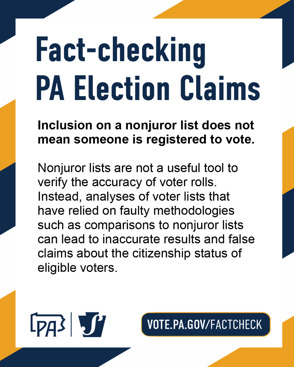 PAStateDept's tweet photo. Inclusion on a nonjuror list does not mean someone is registered to vote. Any resident of Pennsylvania—including a noncitizen—who pays taxes, drives a car, or interacts with the Commonwealth in a number of different ways, may be included on the initial county juror list. 

Learn more: https://t.co/8fNdtV0aNJ