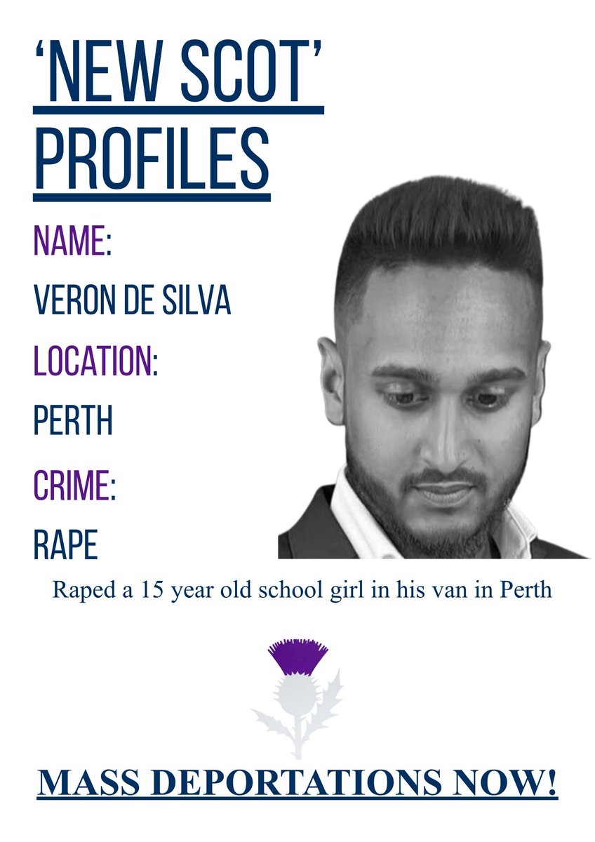 NewScotProfiles's tweet photo. 'New Scots' Profiles: Veron de Silva recently convicted of rape in Perth.

He groomed a 15 year old school girl then raped her in his van.

The half Sri Lankan/ half Italian said he knew she was 15 and still at school but said that it was consensual.

We need Mass Deportations Now!