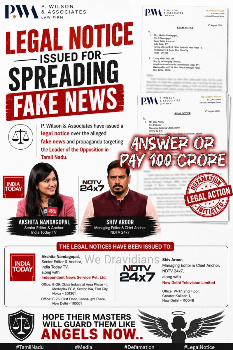 WeDravidians's tweet photo. Answer or pay ₹100 crore compensation!

No idea if your master will help you this time!

---

Dear Gen Z,

Never take these people as examples if you want to pursue a career in journalism.

Instead, go join Bajrang Dal/ABVP/ VHP/ RSS or TVK

Next option is make propaganda hatred movies like:

Kashmir Files 
Kerala Story